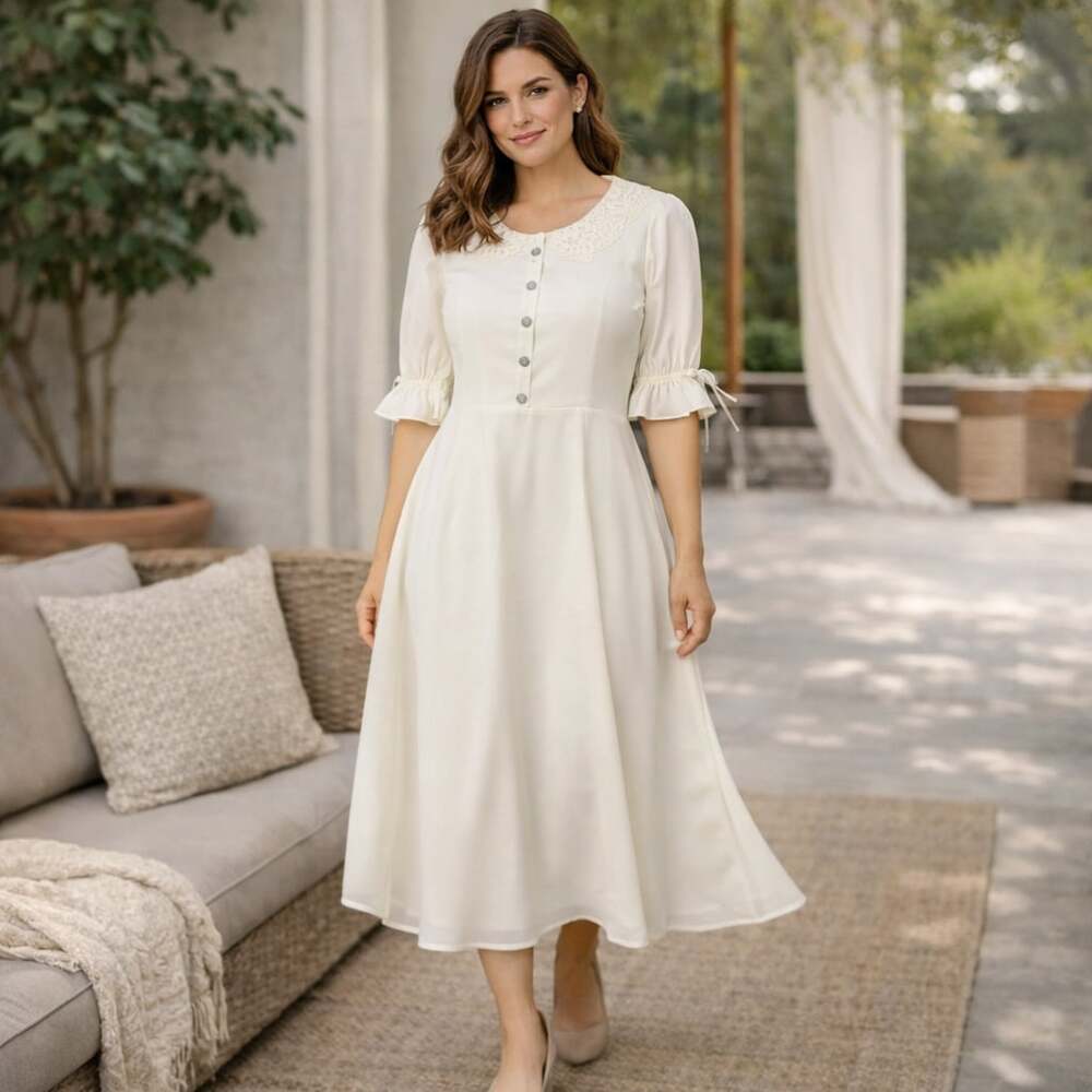 Ivy City Co Ivory Lace Collar Button Front Midi Dress Size 16